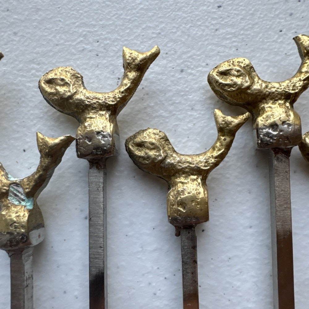 Vintage Turkish Kebob Skewers Fish Whale Nautical Brass Stainless Steel 13" Set - Picture 4 of 9